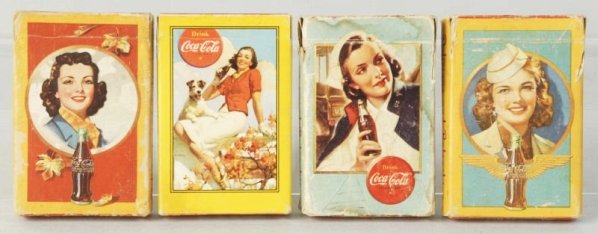 Lot of 4: 1940s Coca-Cola Card Decks.: Includes a spotter deck with wear, like most of these decks. Condition (Very Good). Size Each: 3 - 1/2" L.