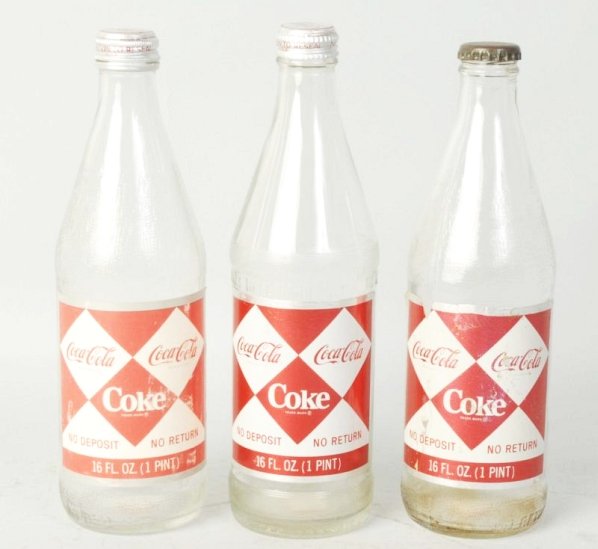 Lot of 3: Coca-Cola Paper Label Diamond Bottles.: All are 16 oz. with light to moderate wear. Condition (Very Good - Near Mint). Size Largest: 9 - 1/4" T.