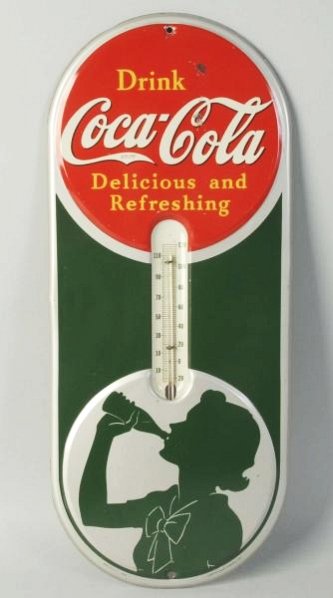 1939 Coca-Cola Tin Thermometer.: Two rust spots in top circle, and only very minor wear otherwise. Condition (Very Good - Excellent). Size 16 - 1/2" L.