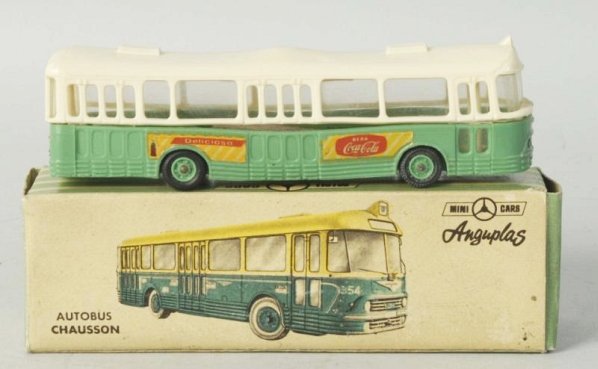Anguplas Miniature Coca-Cola Bus & Box.: Light soiling and toy is slightly warped. Condition (Excellent). Size 5" L.