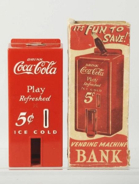 1950s Marx Coca-Cola Toy Bank with Box.: Clean bank, wear on box. Condition (Very Good - Near Mint). Size 8" T.
