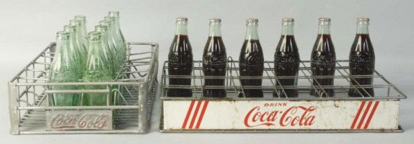 1940s-60s Coca-Cola Cases.: With the bottles is a limited use or special events metal case, the other is a later special events wire framed piece. Moderate wear on both. Condition (Very Good - Excellent). Size Largest: 20" L.