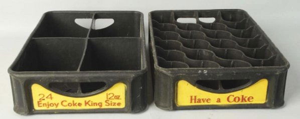 Lot of 2: Coca-Cola Cases.: Not often found. One has 24 bottle slots in unusual pattern, the other slots for four six-packs. Light wear. Condition (Excellent Plus). Size Each: 18 - 1/2" L.