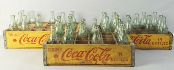 Lot of 3: 1950s-60s Coca-Cola Wooden Crates.: Includes bottles as well. Moderate wear and soiling. These are good for rack or general display. Condition (Very Good). Size Each: 18 -1/2" L.