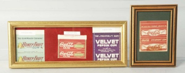 Lot of 4: Asst. Framed Coca-Cola & Other Gum Wrap: Honey Fruit and green Spearmint are color copies, the others thought to be real. Tape stain on the plain red spearmint. Condition (Very Good - Near Mint). Size Largest Frame: 11" x 4 - 1/4".