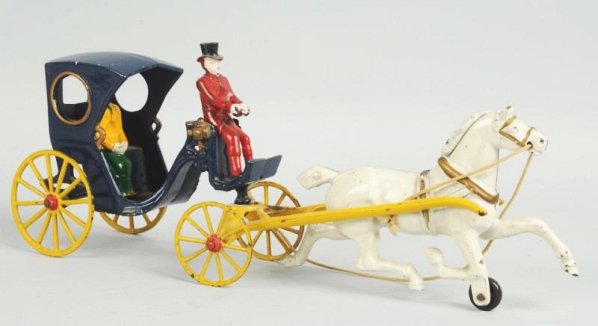 Cast Iron Canton Horse Drawn Handsome Cab Toy.: Includes top hatted driver and rear passenger figure pulled by one horse. Some minor chipping and wear throughout. Paint loss to wheels. Condition (Very Good - Excellent). Size 16" L.