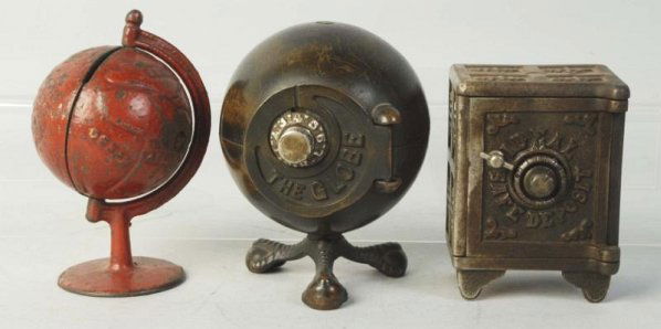 Lot of 3: Cast Iron Still Banks.: Includes two globes and an ideal safe. Condition (Good - Very Good). Size Largest: 5 - 1/4" T.
