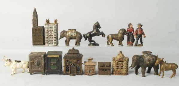 Lot of 16: Cast Iron Still Banks.: Also included two Amish men and woman paper weights. Condition (Good - Very Good). Size Largest: 8" T.