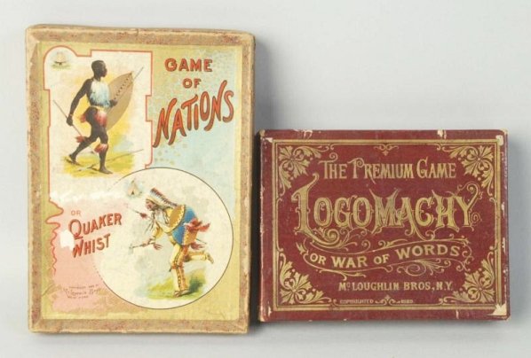 Lot of 2: Card Games in Boxes.: Card games with boxes. Game of Nations and War of Words book by McCoughlin 1889. Condition (Very Good). Size Largest Box: 7 - 3/4" x 5 - 1/2".