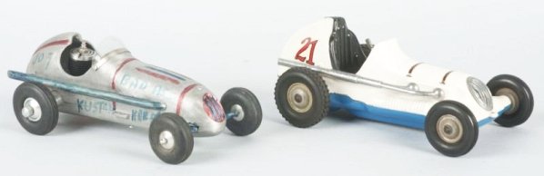 Lot of 2: Thimble Drome & Other Toy Racecars.: One marked No.21 and one marked No.007 which has been customized that one has a motor and rubber tires marked Fuji Hobi hat has been repainted. Second is original condition has a No.21 decal on side. 