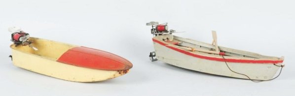 Lot of 2: American Tin and Wooden Toy Boats.: One is all tin with an inboard motor. Second one has an inboard and outboard motor and that is wood and has oars. Some scratching and wear to bonnet of tin boat. Condition (Very Good). Size Largest: 2