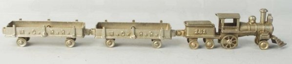 Cast Iron Freight Train Set.: American made. Includes engine tender combination. With embossed No.151 on both sides of tender. Two flat bed freight cars marked N.Z.R.R. General wear. Condition (Very Good - Excellent). Size Largest