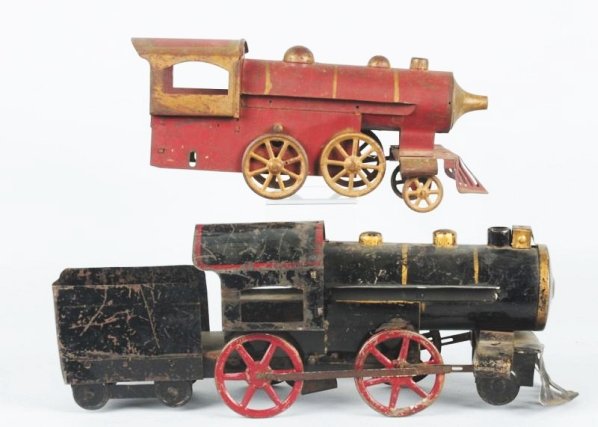 Lot of 2:Early Pressed Steel Train Engines.: American made. One is a train engine tender combination that is clock work and a Early Friction Hill climber which stands alone. Probably Converse or Dayton. Moderate to heavily scratched. Condition (
