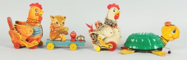 Lot of 4: Fisher Price Animal Toys.: Paper on wood and plastic animal toys. No.150 Timmy Turtle. No.459 Kitty Bell. No.120 the Cackling Hen and No.140 Katie Kackler. All have some general wear. Oxidation on bell to Kitty Bell toy. Condit