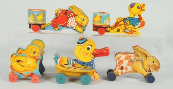 Lot of 5: Fisher Price Bunny & Chick Toys.: Paper on wood. Couple of the carts have mis-shapened back cardboard pieces. Condition (Very Good). Size Largest: 9 - 1/2" L.