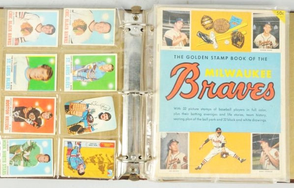 Vintage 150+ Baseball, Hockey, and Football Cards: Mostly football and hockey. Cards are mostly vintae 1950's to 1970's. Two baseball ones one of Roberto Clemente and Hank Aaron. Hank Aaron is a 1970 tall card. Golden stamp book of the Milwaukee Brave