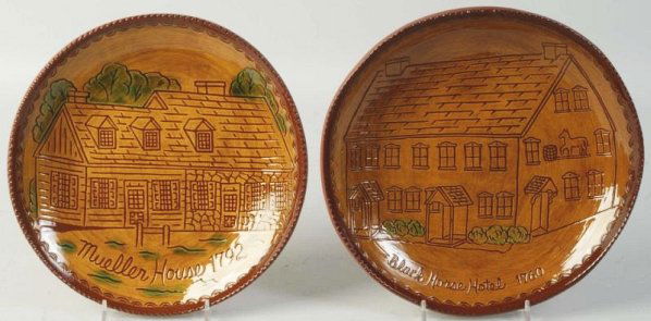 Lot of 2: Ned Foltz Redware Plates.: Black Horse Hotel 1760 Muener House 1792. Both limited. 134/200 and 35/100. No damage or repair. Condition (Excellent). Size Largest: 9 -3/4" Dia.