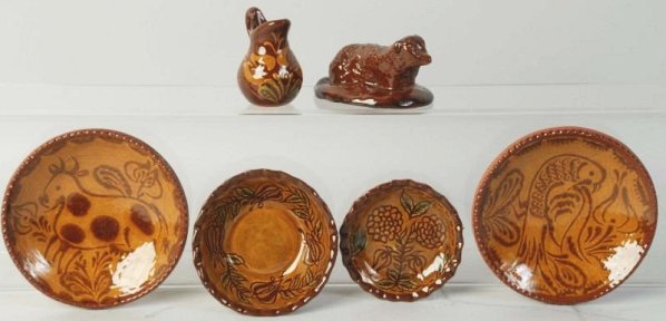 Lot of 6: Ned Foltz Redware Potter.: Dog pitcher, and small platter. One with bug and one with cow. No damage or repair. Condition (Excellent). Size Largest: 5" Dia.