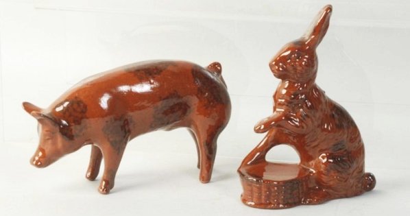 Lot of 2: Ned Foltz Redware Pottery Rabbit & Pig.: Sitting rabbit and standing pig. No damage or repair. Condition (Excellent). Size Largest: 7" L.