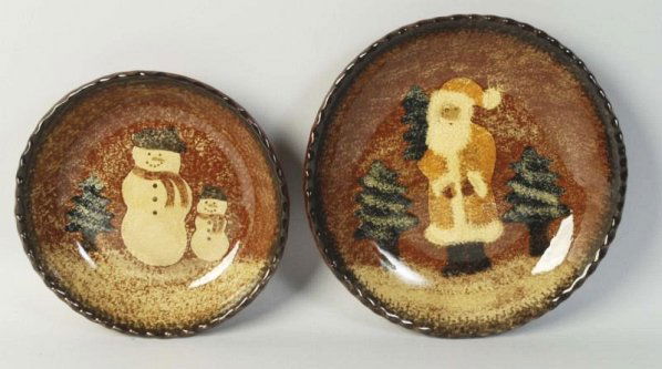 Lot of 2: Ned Foltz Redware Pottery Bowls.: One with santa and second with snowman. No damage or repair. Condition (Excellent). Size Largest: 11" Dia.