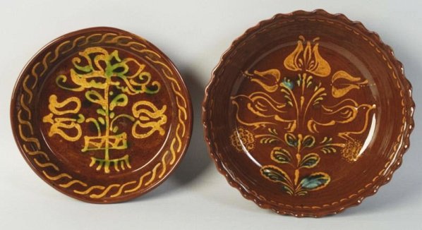 Lot of 2: Ned Foltz Redware Pottery Deep Dishes.: Bears and floral motif. No damage or repair. Condition (Excellent). Size Largest: 9 - 1/2" Dia.