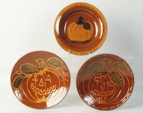 Lot of 3: Ned Foltz Redware Pottery Plates.: Two pumpkins and one flower. No damage or repair. Condition (Excellent). Size Largest: 9" Dia.
