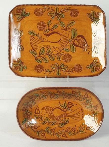 Lot of 2: Ned Foltz Redware Pottery Trays.: Oval dish with birds and leaf flower and one large platter with bird and flower. No damage or repair. Condition (Excellent). Size Largest: 14" L.