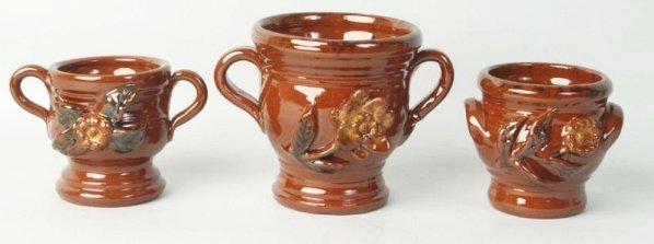 Lot of 3: Ned Foltz Redware Pottery Pots.: Handled pots. No damage or repair. Condition (Excellent). Size Largest: 5 - 1/4" T.