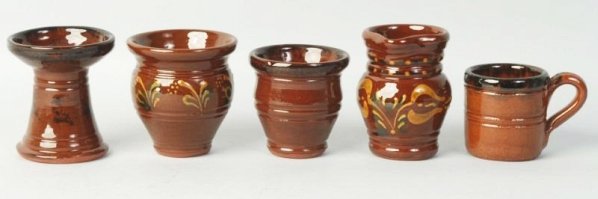 Lot of 5: Ned Foltz Redware Pottery Pieces.: Two with slip ware decoration. Condition (Excellent). Size Largest: 3 - 1/2" T.