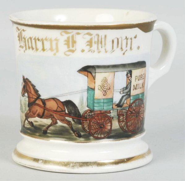 Horse Drawn Milk Wagon Shaving Mug.: Marked Harry F. last name has been repainted and is very hard to read. It starts with the letter M and ends with the letter R. Two stamps T&V Lamouche France in green. John P. Ritter Barber Supply Co.