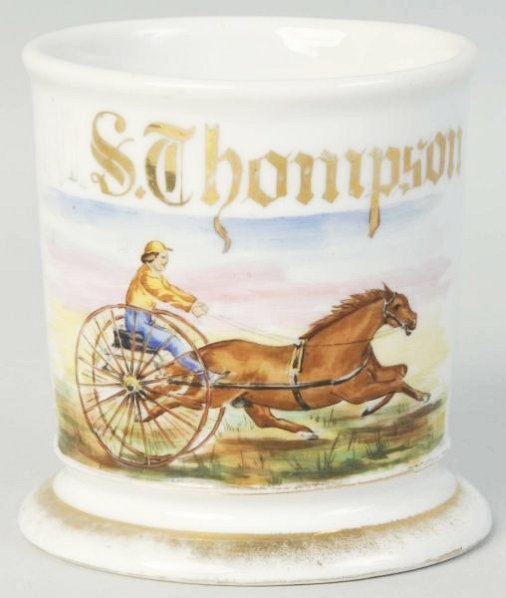Horse Drawn Sulky with Driver Shaving Mug.: Marked W.S. Thompson. Stamped D.P. Lewis Co. Eugene, Oregon. No cracks, chips or repairs. Heavy loss of gold on both the top and bottom rim and on the last initial of the name. Condition (Very Good Pl