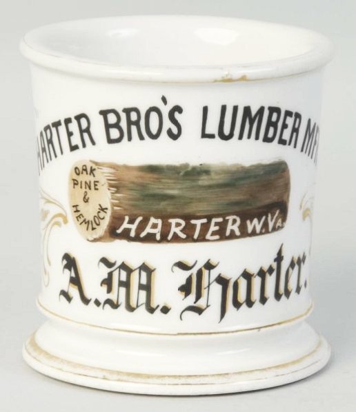 Harter Bro's Lumber Shaving Mug.: Harter Bro's Manufacturer Harter, West Virginia. Dealing in oak, pine and hemlock. Marked A.M. Harter. No stamps. Tiny in manufacturing on the handle stress mark. No other damages. Minor to moderate l