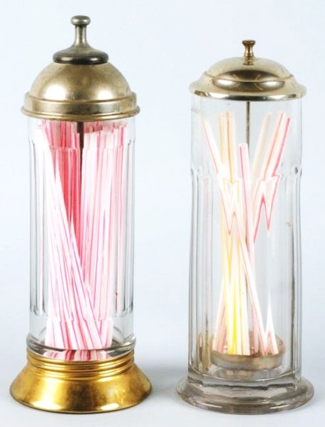 Pair of Early Glass & Metal Straw Holders.: Circa 1920s Condition (Excellent). Size Largest: 12 - 1/4" T.
