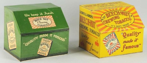 Lot of 2: Beech Nut Tobacco Tins.: Includes a yellow version and a green version. Yellow has some light surface wear. Green version a few light surface dents and a slight separation to right corner on top. Condition (Very Good - Excell