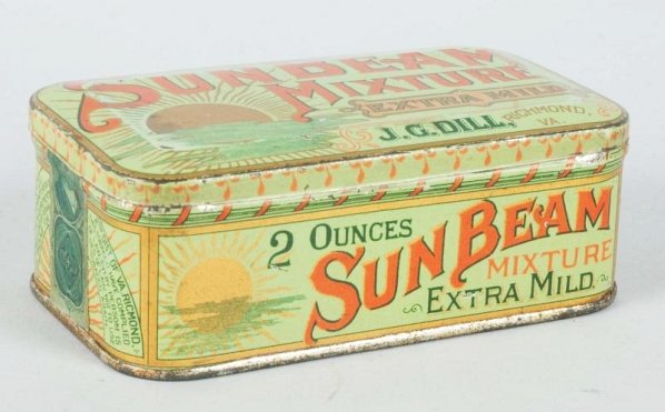 Small Sunbeam Mixture Tobacco Tin.: By JG Dill Co. Richmond, Virginia. Outstanding condition. Few light nicks that are barely noticeable. Condition (Near Mint). Size 4 - 1/2" L.