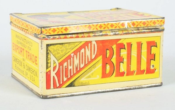 Small Yellow Richmond Belle Tobacco Tin.: BY Cameron and Cameron from Richmond, Virginia. Highly sought after piece. Super color and detail throughout. Very little wear a few light nicks. Couple light scratches. Nothing that effects the displ
