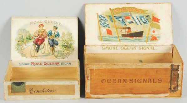 Lot of 2: Cigar Boxes.: Includes a Road Queens with nice image of two ladies riding bikes and also a Ocean Signals with image of a freight liner boat. Condition (Very Good). Size Largest: 10 - 1/2" L.
