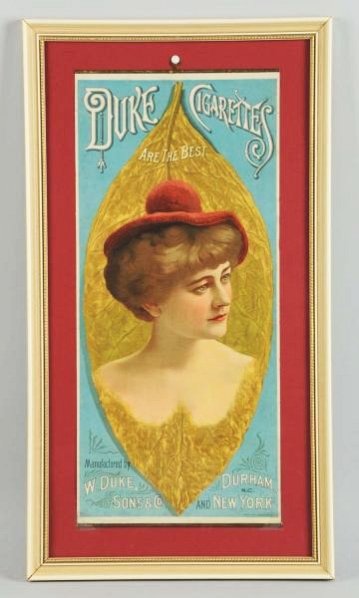 1880s-90s Duke Cigarettes Paper Poster.: Framed under glass a few roll marks/lines and short closed tears and 3-4 small areas of touchup. Condition (Very Good). Size Framed: 25 - 1/2" x 14".
