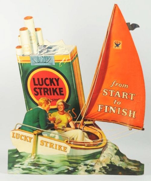 1930s-40s Lucky Strike Cardboard Cutout Display.: Great looking piece with lots of dimension! Some mild soiling and wear with a few bends, warping and ripples from moisture contact, and a few small retouched areas on the sail. Some tape repair on rea