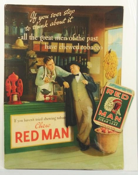30s-40s Red Man Cardboard Dimensional Display.: The coffee grinder, storekeeper, customer, counter, and pack all pop out for a great look when displayed. Light edge wear with edge color touch-up, mostly at the base. Easels still attached. Faint sta