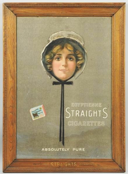 Egyptienne Cigarettes Sign in Orig. Marked Frame.: Light water staining in the bottom one foot of the sign, with small spot and area touch-up, primarily in the bottom edge and in her hair Condition (Good - Very Good). Size Framed: 36" x 26".
