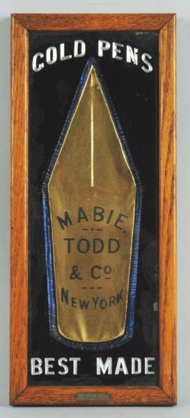 Mabie Todd & Co. New York Fountain Tip Pen Sign.: Beautiful early sign. Circa 1910-1920. Made of celluloid. Condition (Very Good - Excellent). Size 16 - 1/2" x 7".