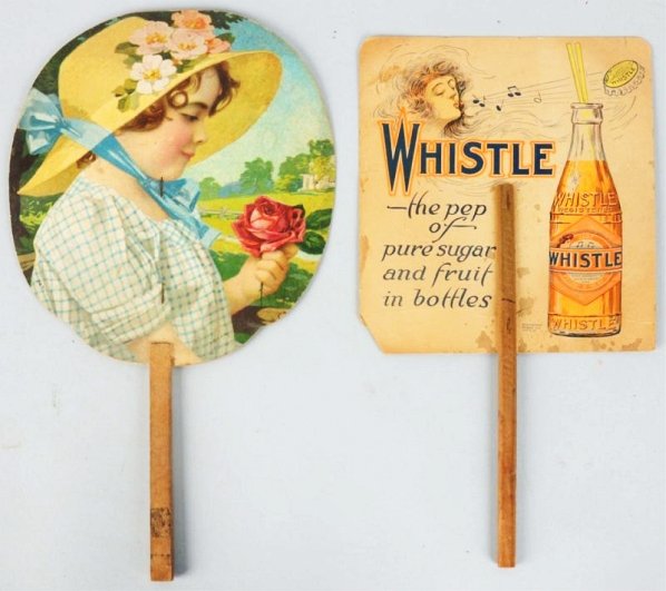 Lot of 2: Early Whistle Fans.: One is dated 1919 with great graphics of female and bottle on one side and Columbus, Ohio. Exposition info and graphic on the other. It has wear, tears, a broken handle. The other fan is from Washingt