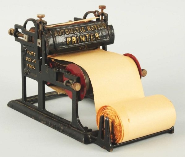 Early Cast Iron Automatic Paper Printer.: Made of cast iron. Dated 1904. Condition (Excellent). Size 11" L.