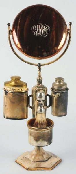 Early Metal Traveling Grooming Station.: Silver plate with nice working mirror. Condition (Excellent). Size 18" T.