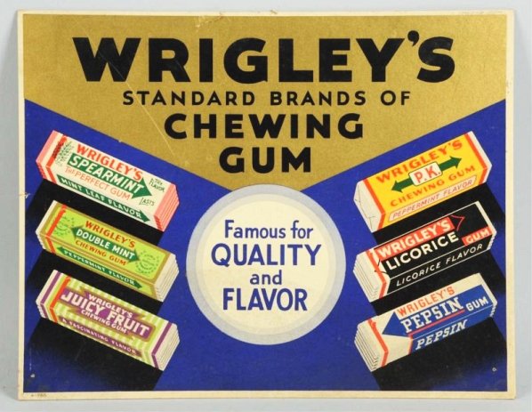 Cardboard Wrigley's Gum Sign.: 1930s and two sided with light soiling, marks, small scuffs and two small closed tears. Condition (Excellent). Size 14" x 11".