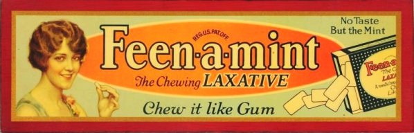 1930s-40s Feen-A-Mint Plywood Sign.: Paper litho with a mylar or celluloid type cover sheet to protect it. Has original metal easel stand. Just light wear or marks. Condition (Near Mint). Size 12" x 3 - 3/4".