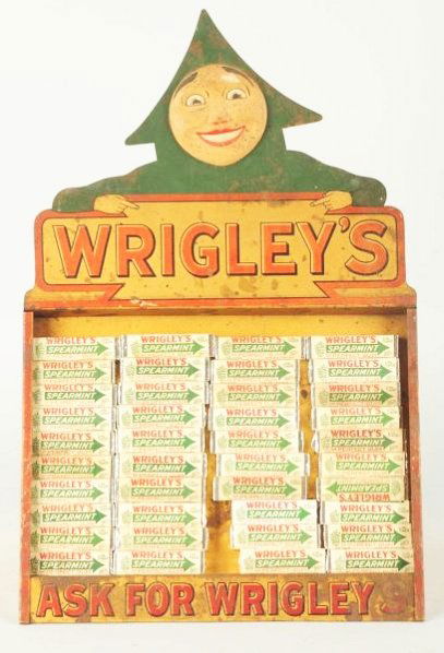 Wrigley's Spearmint Gum Display.: Tin display with a celluloid face. Some minor wear throughout. Condition (Very Good - Excellent). Size 20" T.