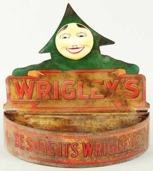 Tin Wrigley's Gum Display.: Celluloid face is replaced. Condition (Good - Very Good). Size 13 - 1/2" T.