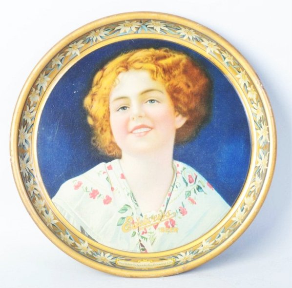 Edelweiss Beer Serving Tray.: Nice image of a lady with Eidelweiss beer ad. Condition (Very Good - Excellent). Size 13" Dia.